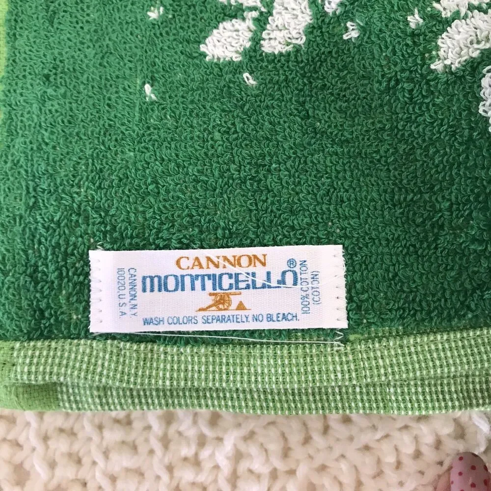 Vtg Cannon Monticello Towels Green Fringe Bath Hand Set 70s Floral 2 Bath 4 Hand